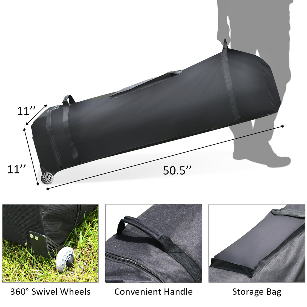 Pop-up gazebo with blue fabric cover, removable sidewalls, and roller bag for easy transport, ideal for outdoor events.