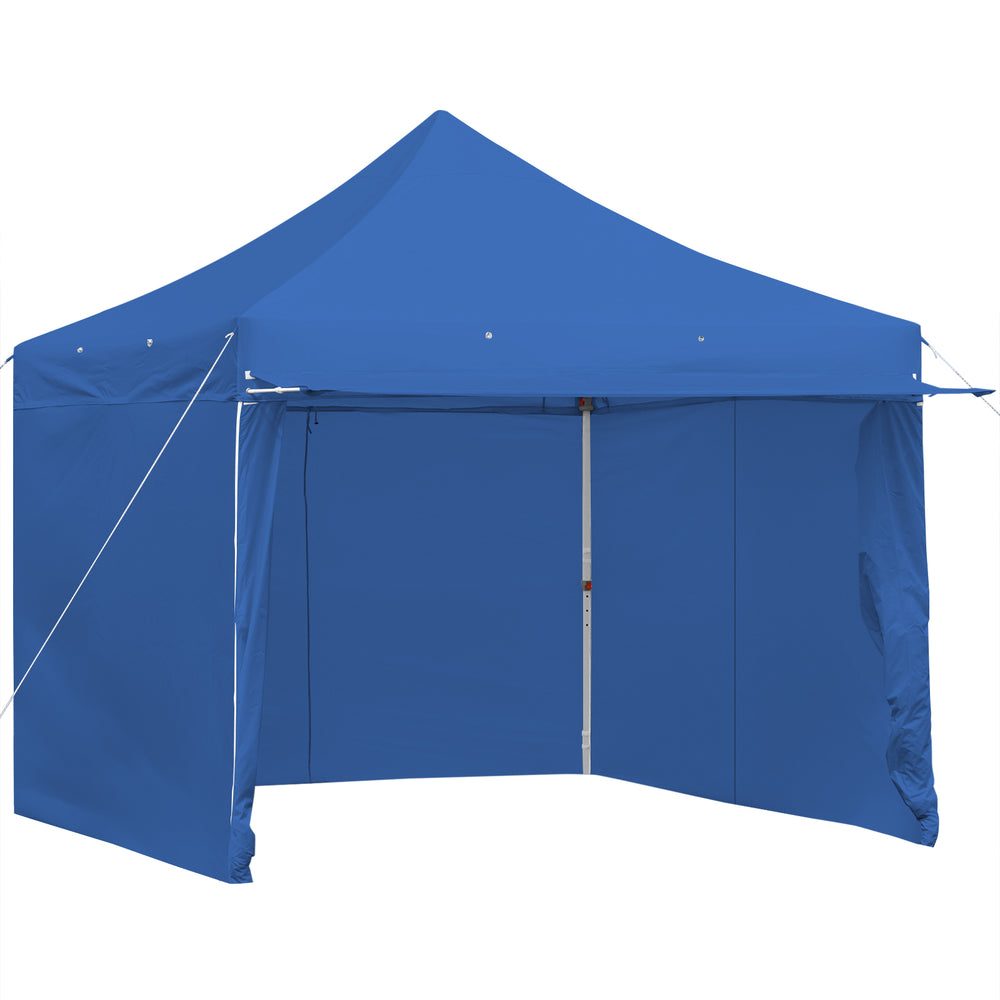 Blue 10 x 10 feet pop-up gazebo with removable zippered sidewalls and extended awning, ideal for outdoor events.