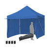 Pop-up gazebo in blue with removable sidewalls, extended awning, and heavy-duty steel poles for outdoor events.