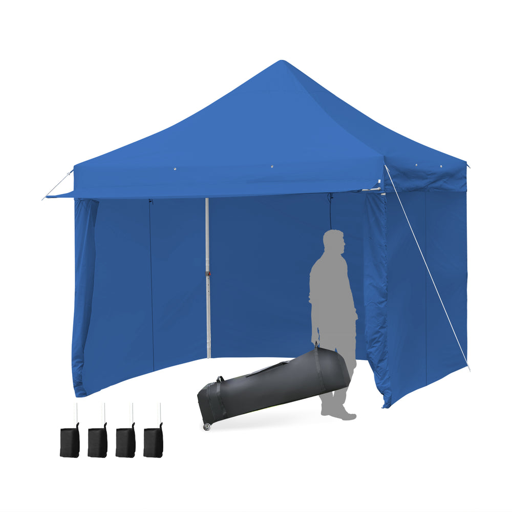 Pop-up gazebo in blue with removable sidewalls, extended awning, and heavy-duty steel poles for outdoor events.