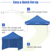 Pop-up gazebo with blue fabric cover, featuring removable sidewalls and extended awning, ideal for outdoor events.