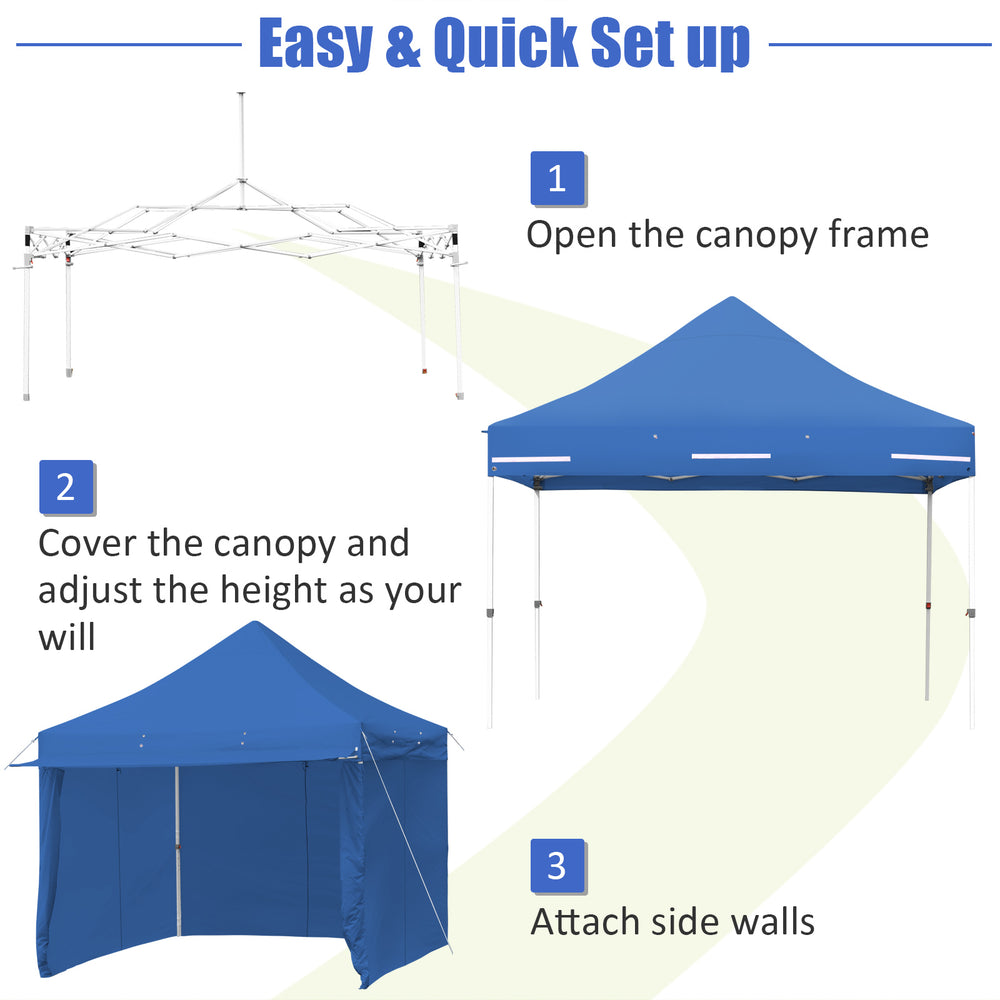 Pop-up gazebo with blue fabric cover, featuring removable sidewalls and extended awning, ideal for outdoor events.