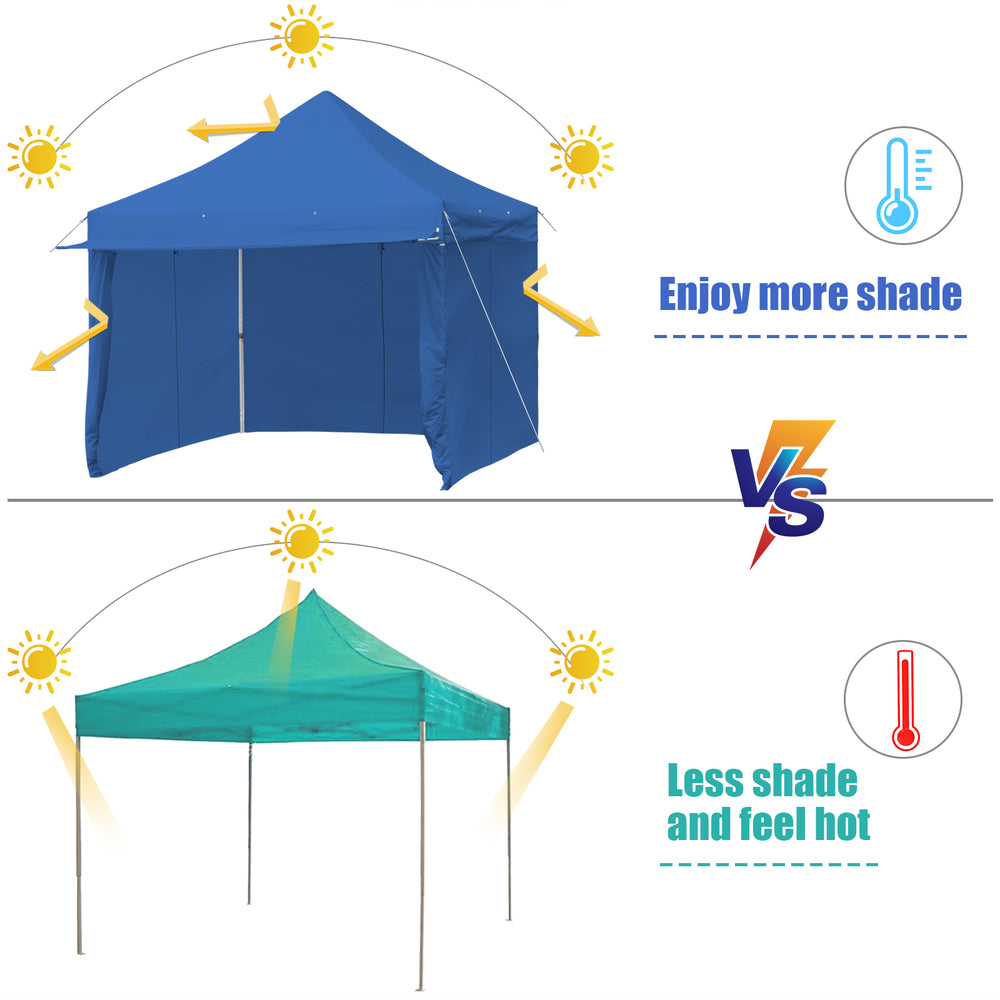 Blue 10 x 10 feet pop-up gazebo with removable sidewalls and extended awning, ideal for outdoor events and gatherings.
