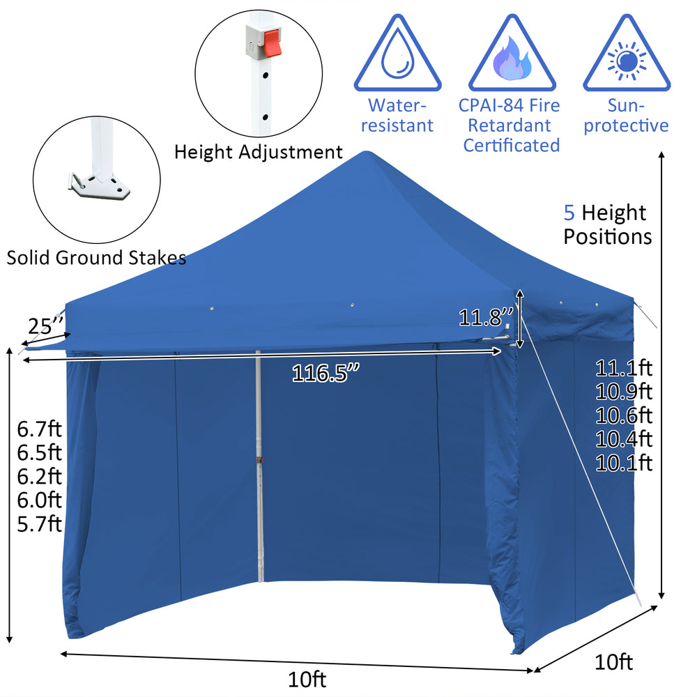 Blue 10x10 feet pop-up gazebo with adjustable height, removable sidewalls, and extended awning for outdoor events.