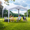 Pop up canopy tent in white with two people enjoying drinks, ideal for outdoor activities and sun protection.