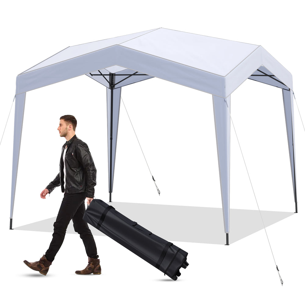 Pop up canopy tent in white with portable wheeled bag, ideal for outdoor events and easy to transport.