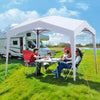 Pop up canopy tent in white with family enjoying a picnic, providing UPF50+ sun protection for outdoor activities.