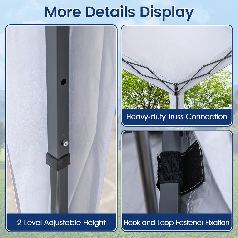 Detail of the pop-up canopy tent showing adjustable height and hook and loop fastener for secure setup outdoors.