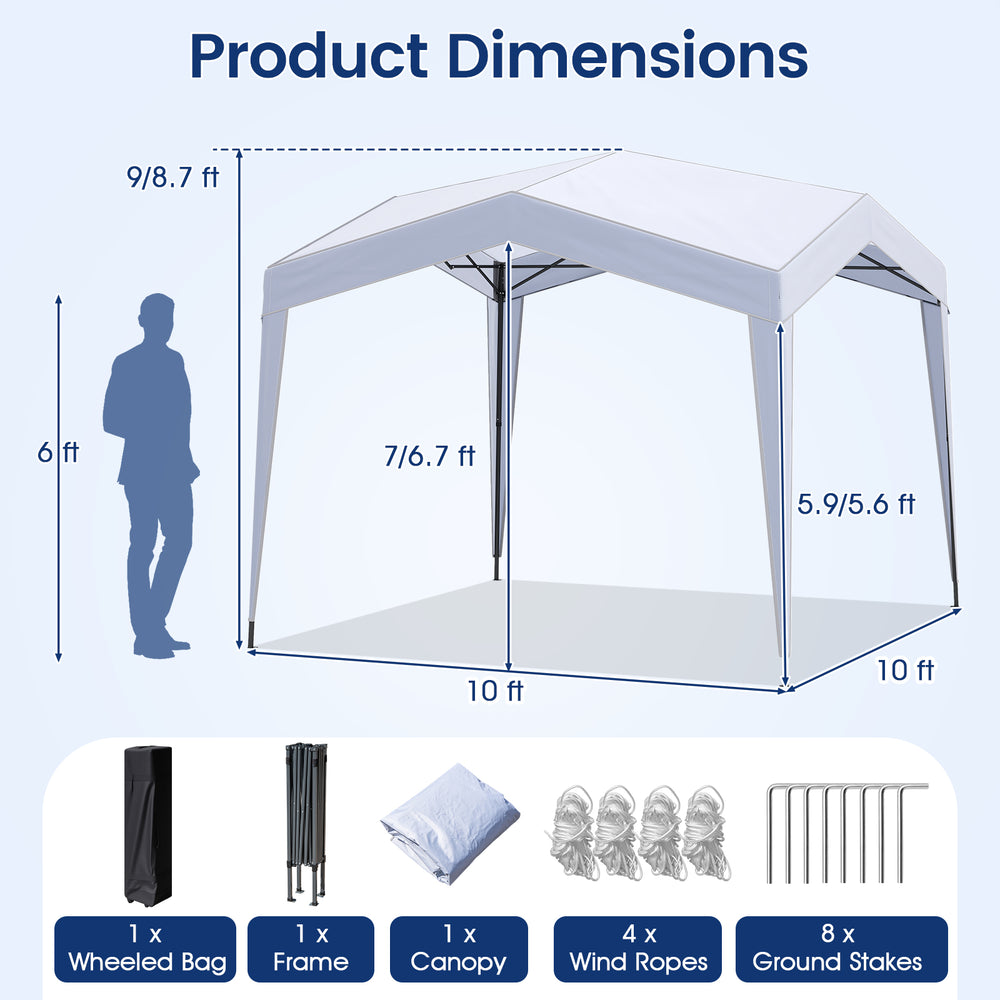 Pop up canopy tent dimensions with portable wheeled bag, featuring a white polyester canopy for sun protection and.