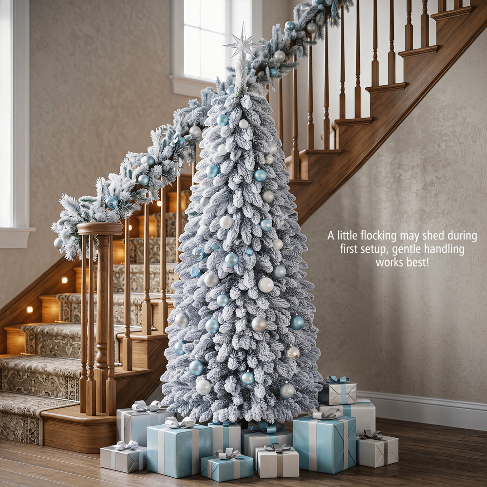 Snowy 6/7 FT pop-up Christmas tree with 545 branch tips, ideal for festive home holiday decoration and easy setup.