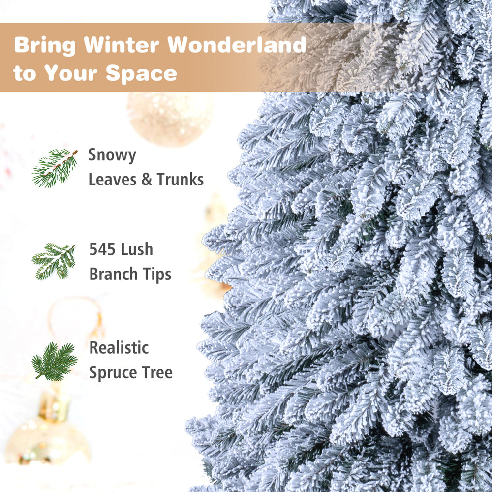 Collapsible 6/7 FT artificial spruce tree with 545 snowy branch tips, perfect for holiday home decoration and easy setup.