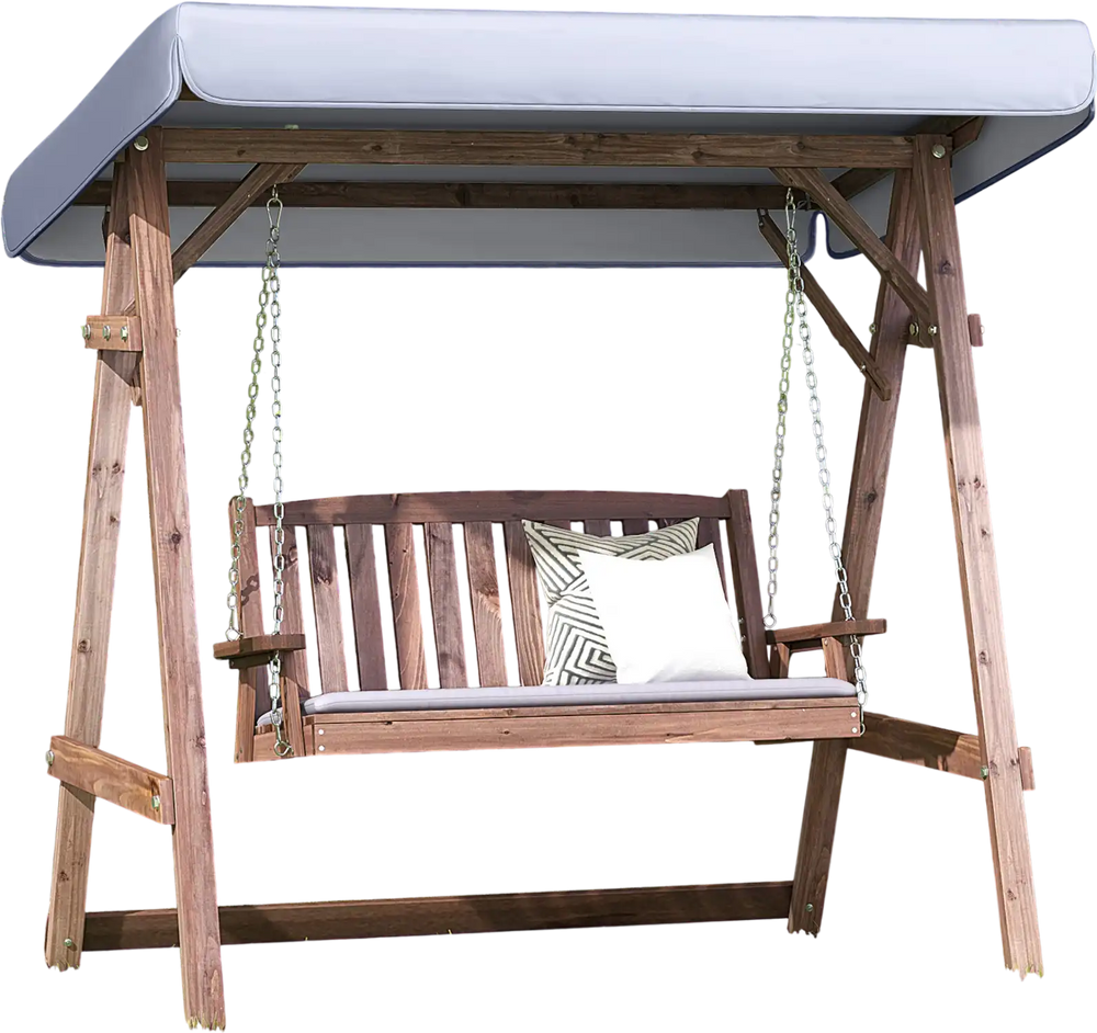 2-person porch swing with fir wood stand and adjustable tilt canopy, featuring removable cushions for outdoor.