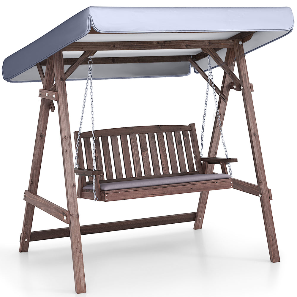 Side view of the 2-person porch swing with fir wood frame and waterproof canopy for stylish outdoor seating.