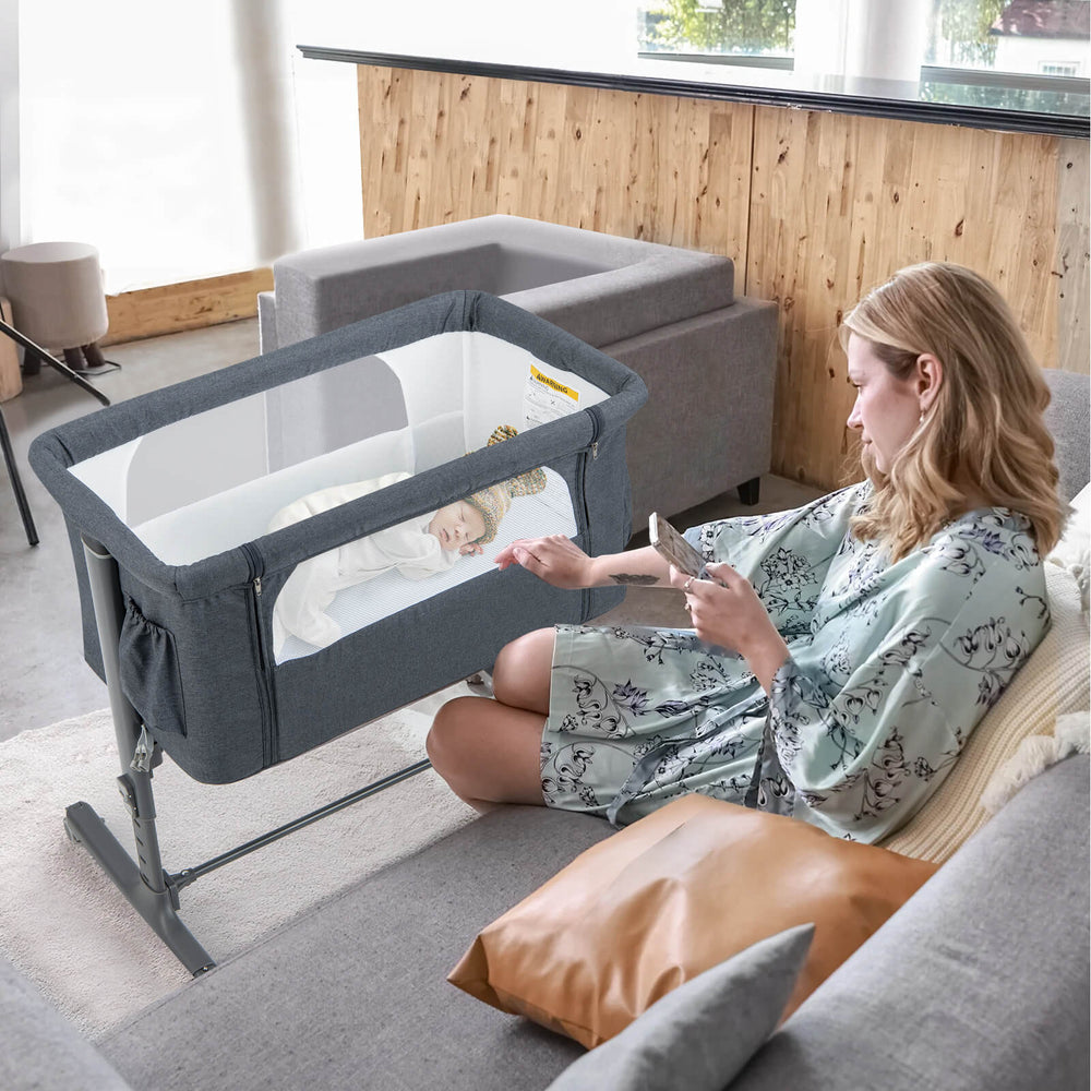 Portable Baby Bedside Bassinet with 5-level Adjustable Heights and Travel Bag-Gray - Gallery View 1 of 10