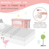 Portable pink bedside bassinet with adjustable height, retractable feet, and safety straps for easy attachment to.