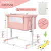 Portable pink bedside bassinet with adjustable heights, breathable mesh, and travel bag, ideal for infants 0-5 months.
