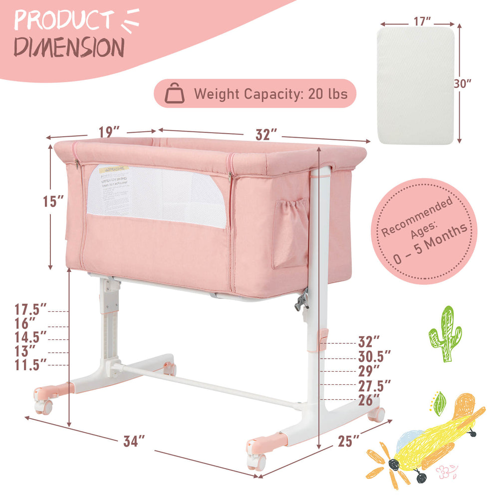 Portable pink bedside bassinet with adjustable heights, breathable mesh, and travel bag, ideal for infants 0-5 months.