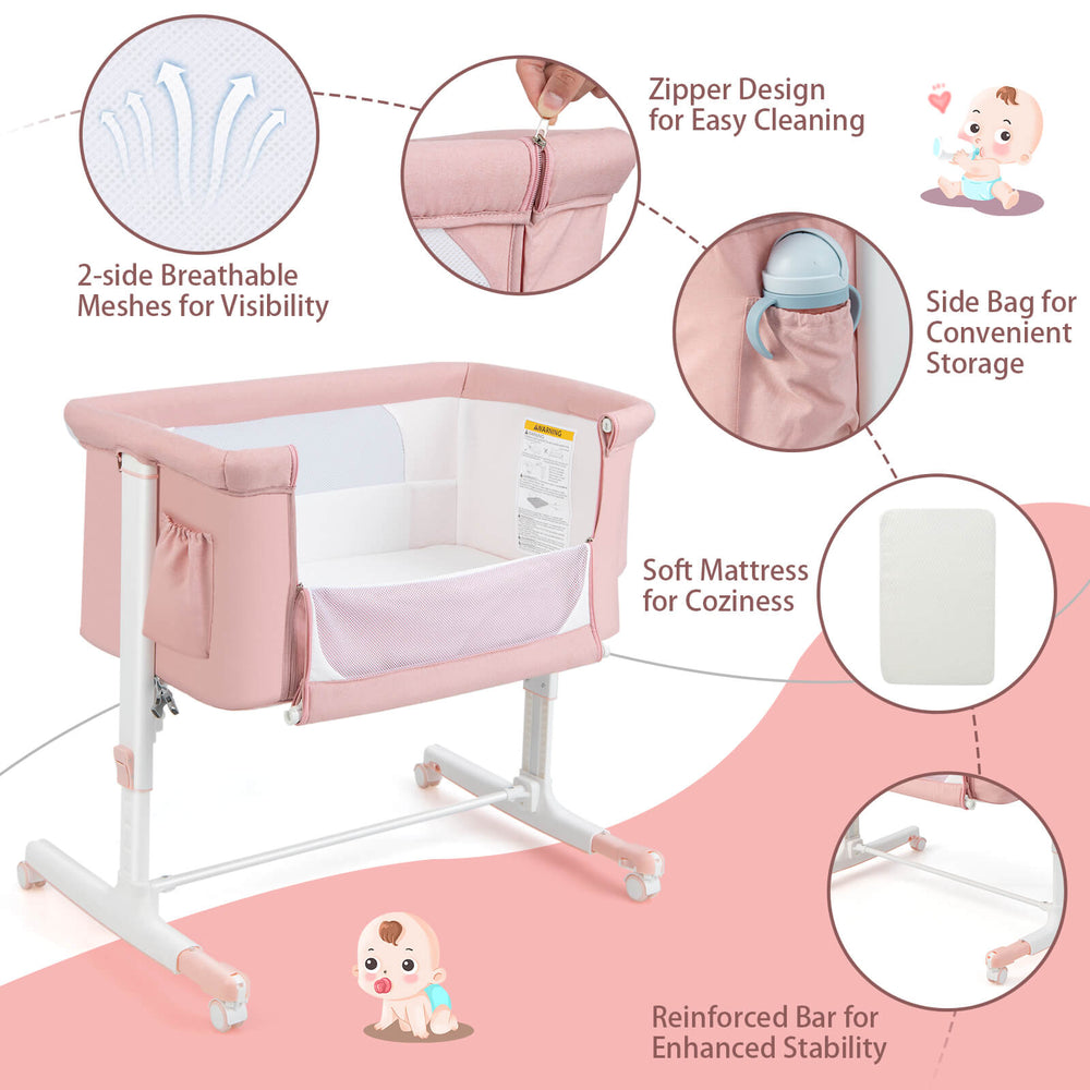 Portable pink baby bedside bassinet with adjustable height, breathable mesh, and side storage bag for convenience.