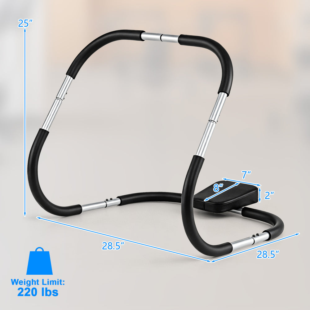 Portable AB trainer features a U-shaped base, thick padded headrest, and ergonomic foam handles for comfortable workouts.