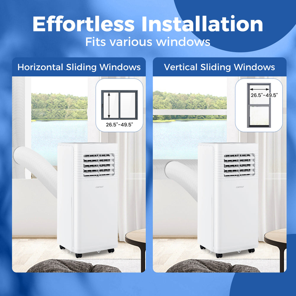 Portable air conditioner installation guide showing options for horizontal and vertical sliding windows, suitable for.