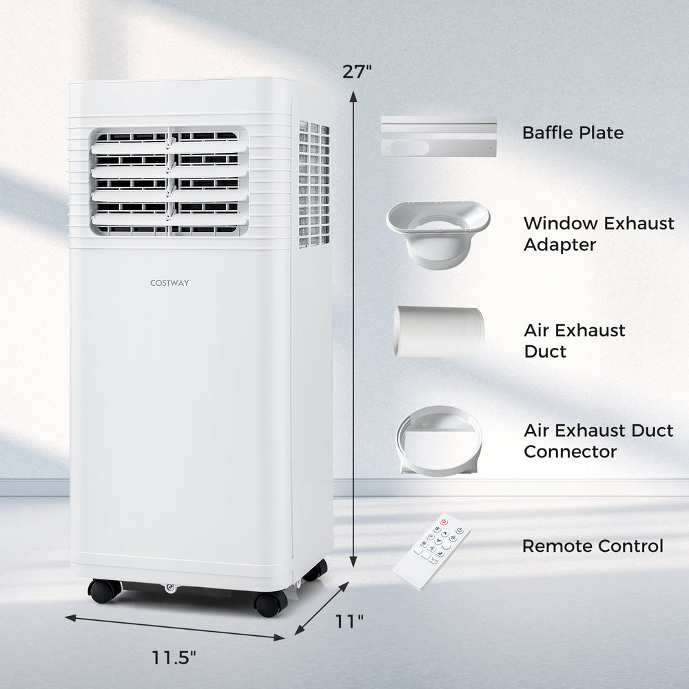 Portable 8000 BTU air conditioner with remote control, exhaust duct, and baffle plate for efficient cooling in rooms up.