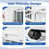 User-friendly design features of the 8000 BTU portable air conditioner, including removable filter and universal wheels.