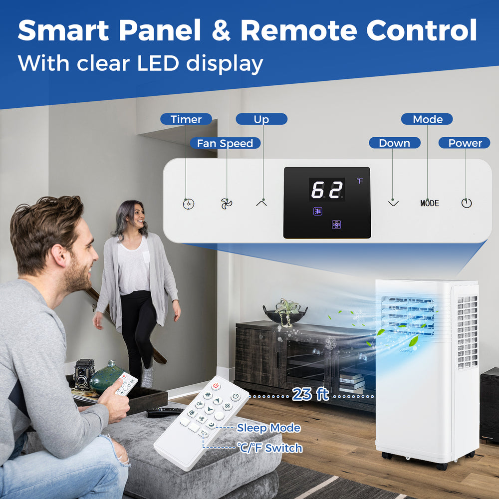 Portable air conditioner with remote control and LED display, featuring 8000 BTU cooling for rooms up to 300 sq.ft.