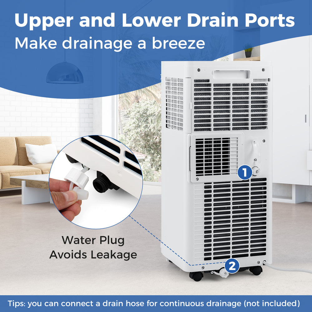 Upper and lower drain ports of the 8000 BTU portable air conditioner for easy drainage and leak prevention.