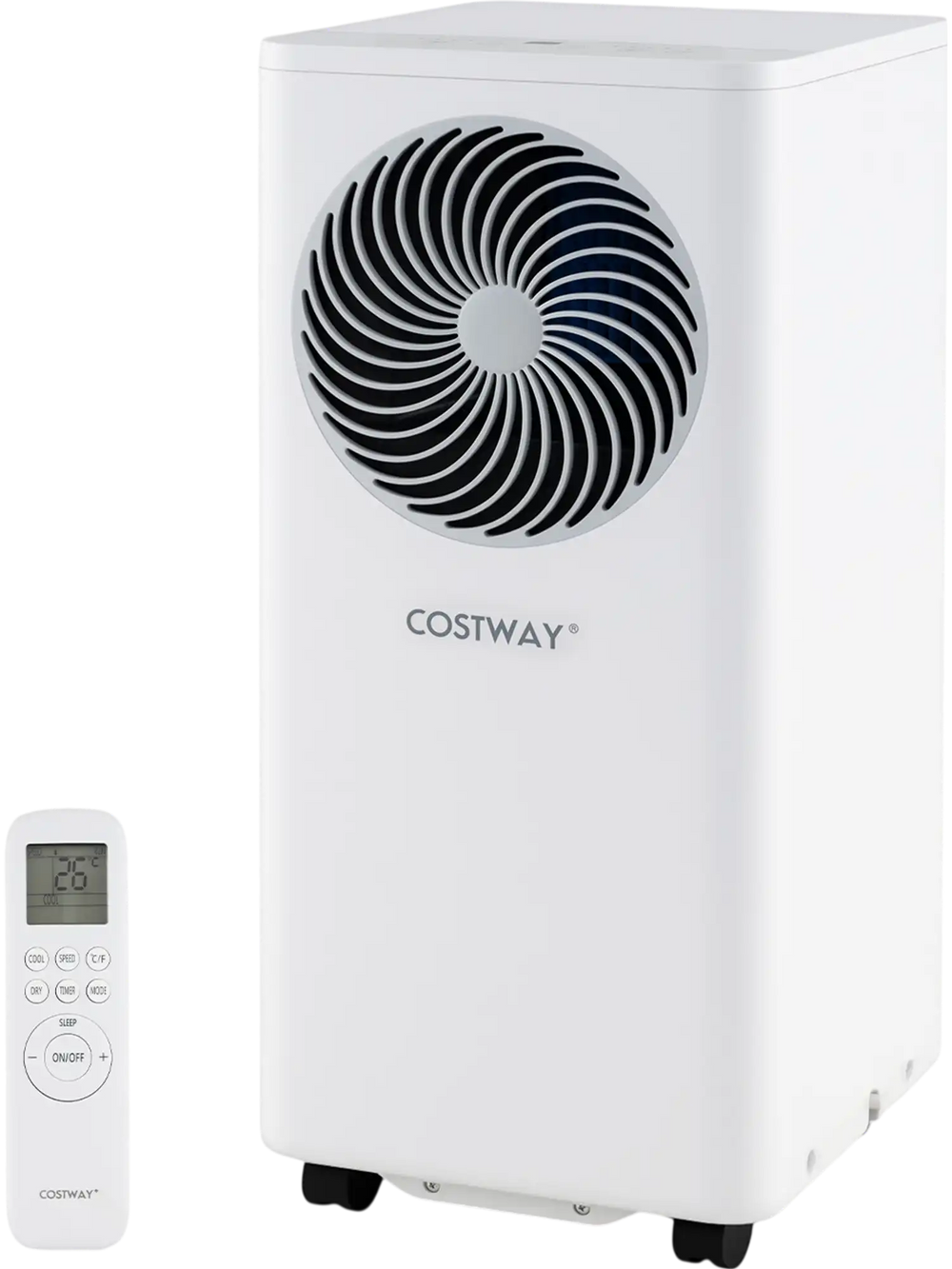 Portable 8200 BTU air conditioner with remote, featuring 3-in-1 functionality for cooling, dehumidifying, and fan use.