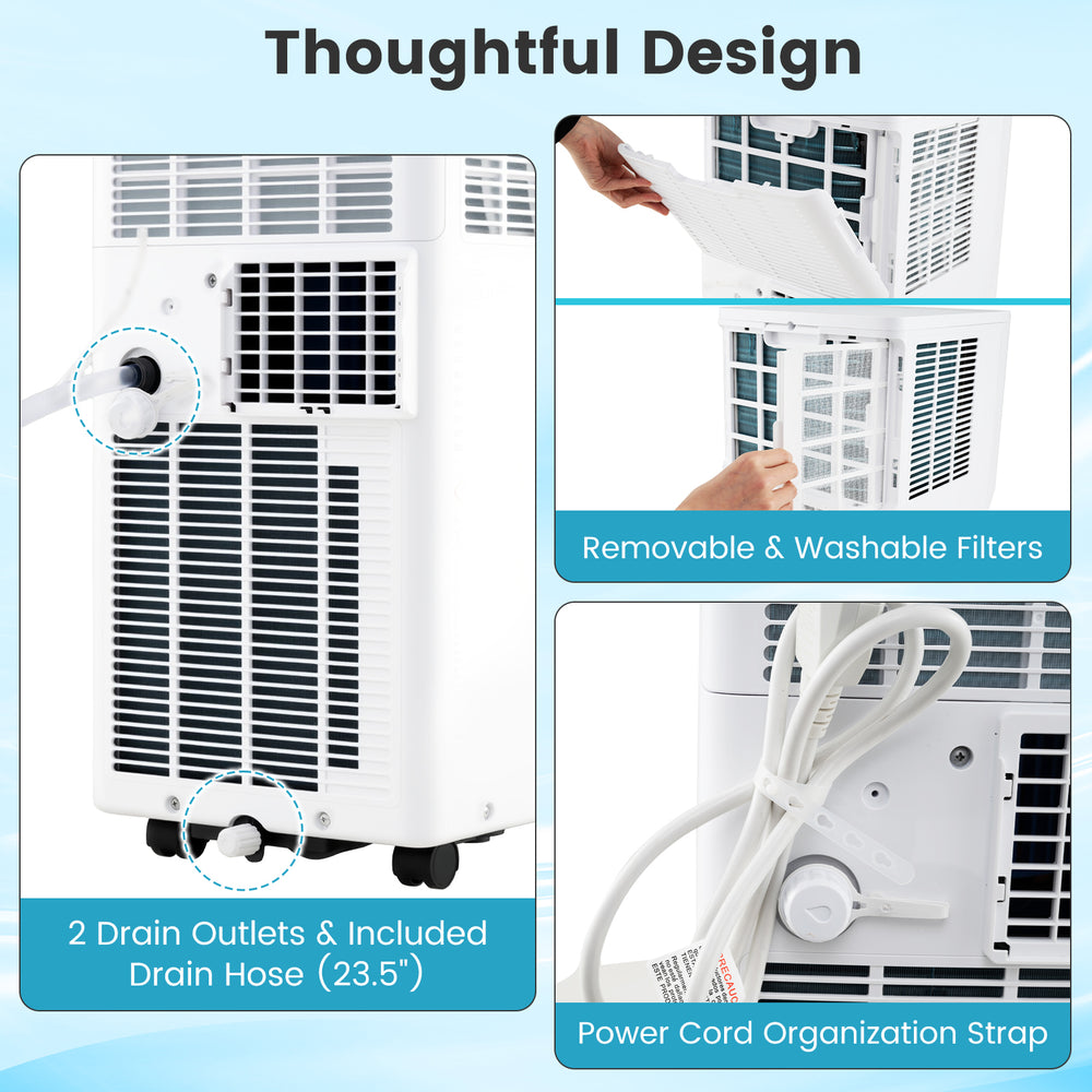 Detail of the 8200 BTU portable air conditioner's drain outlet and removable washable filters for easy maintenance.