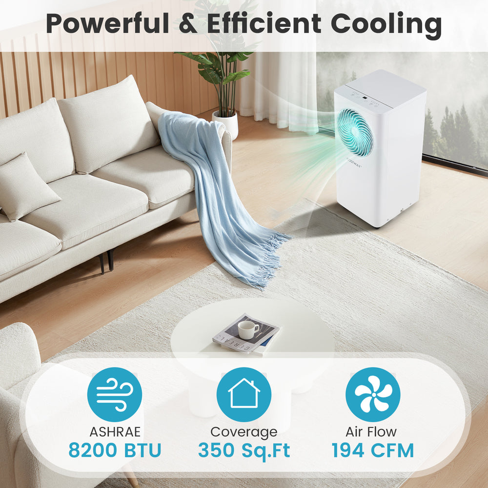 Portable 8200 BTU air conditioner with dehumidifier, covering 350 sq. ft., featuring a sleek design for efficient.
