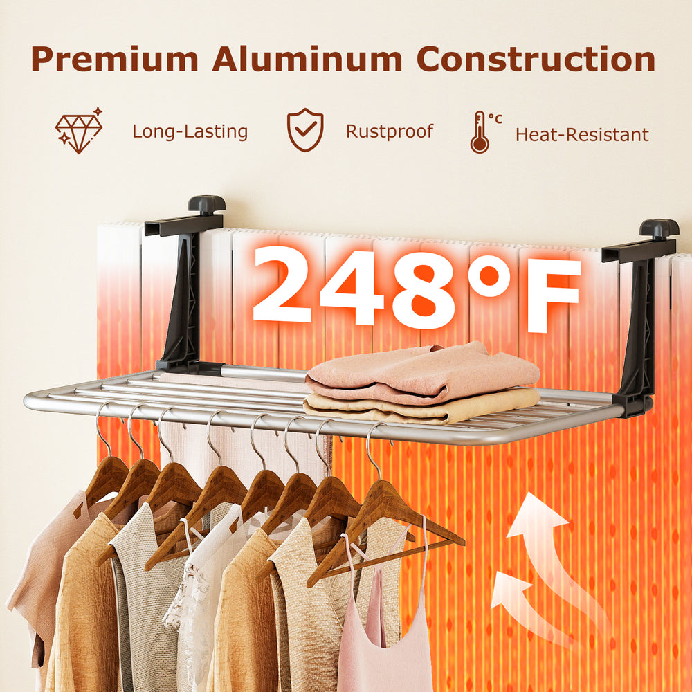 Portable aluminum clothes and towel drying rack with adjustable brackets, heat-resistant up to 248°F, ideal for indoor.