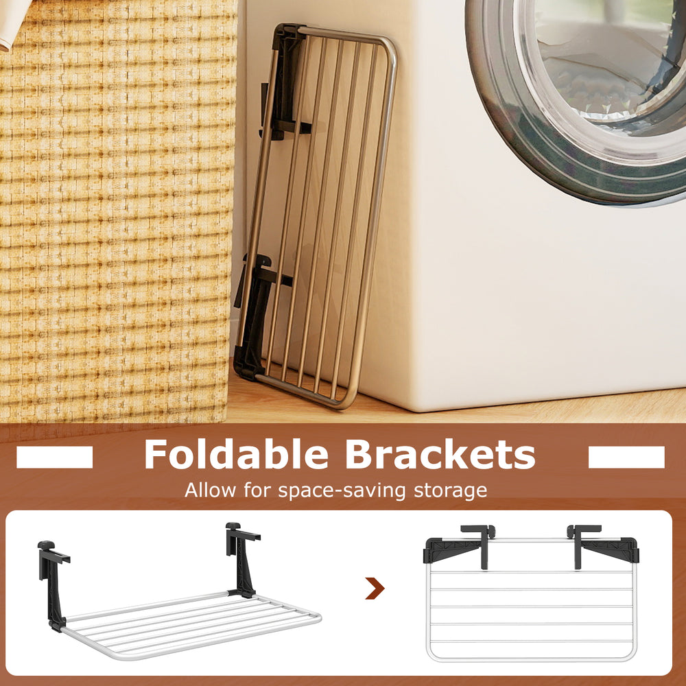 Foldable brackets of the portable aluminum clothes drying rack for space-saving storage and easy portability.
