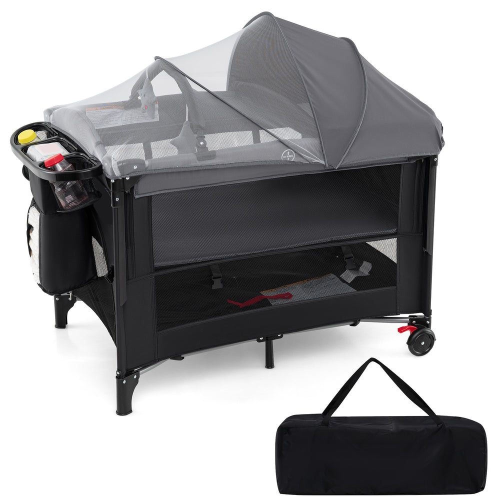 Foldable Baby Bassinet with 4 Adjustable Heights Changing Table and Mattress-Black - Gallery View 1 of 10