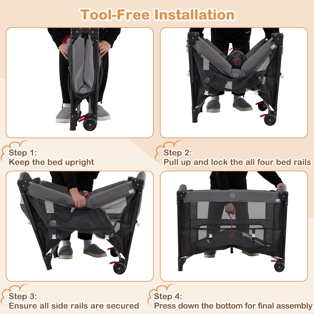 Foldable baby bassinet in gray with tool-free installation steps, showcasing adjustable heights and safety features.