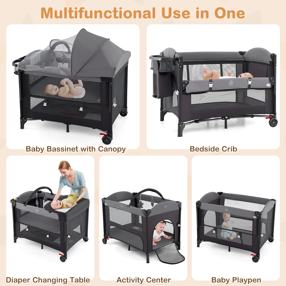 Foldable baby bassinet in gray with adjustable heights, changing table, and playpen features for versatile use.
