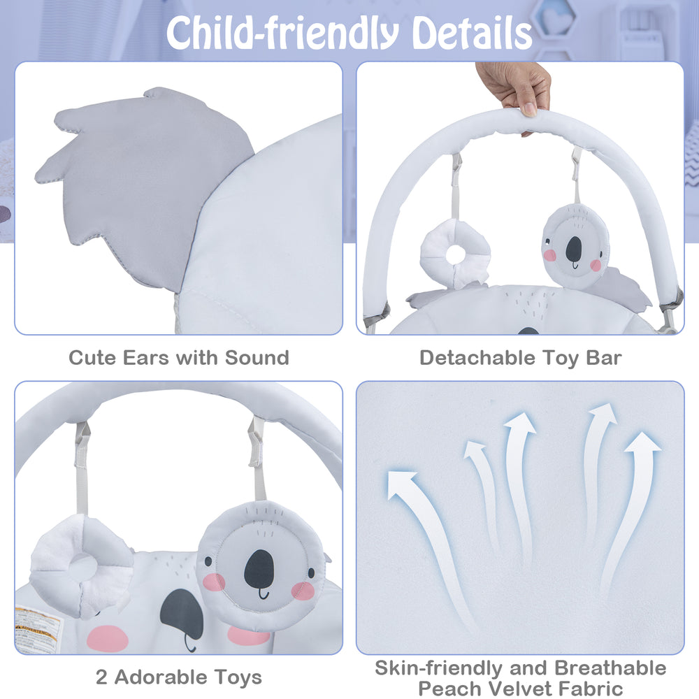 Portable baby bouncer seat in gray featuring cute ears, detachable toy bar, and skin-friendly fabric for comfort.