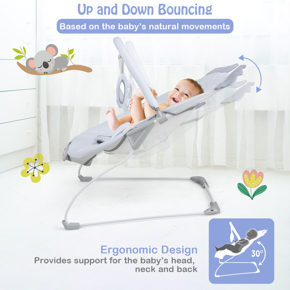 Portable gray baby bouncer with ergonomic 30° design, detachable toy bar, and soothing natural bouncing for infants.