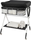 Portable baby changing table in black with adjustable height, storage basket, and stable design for convenient diaper.