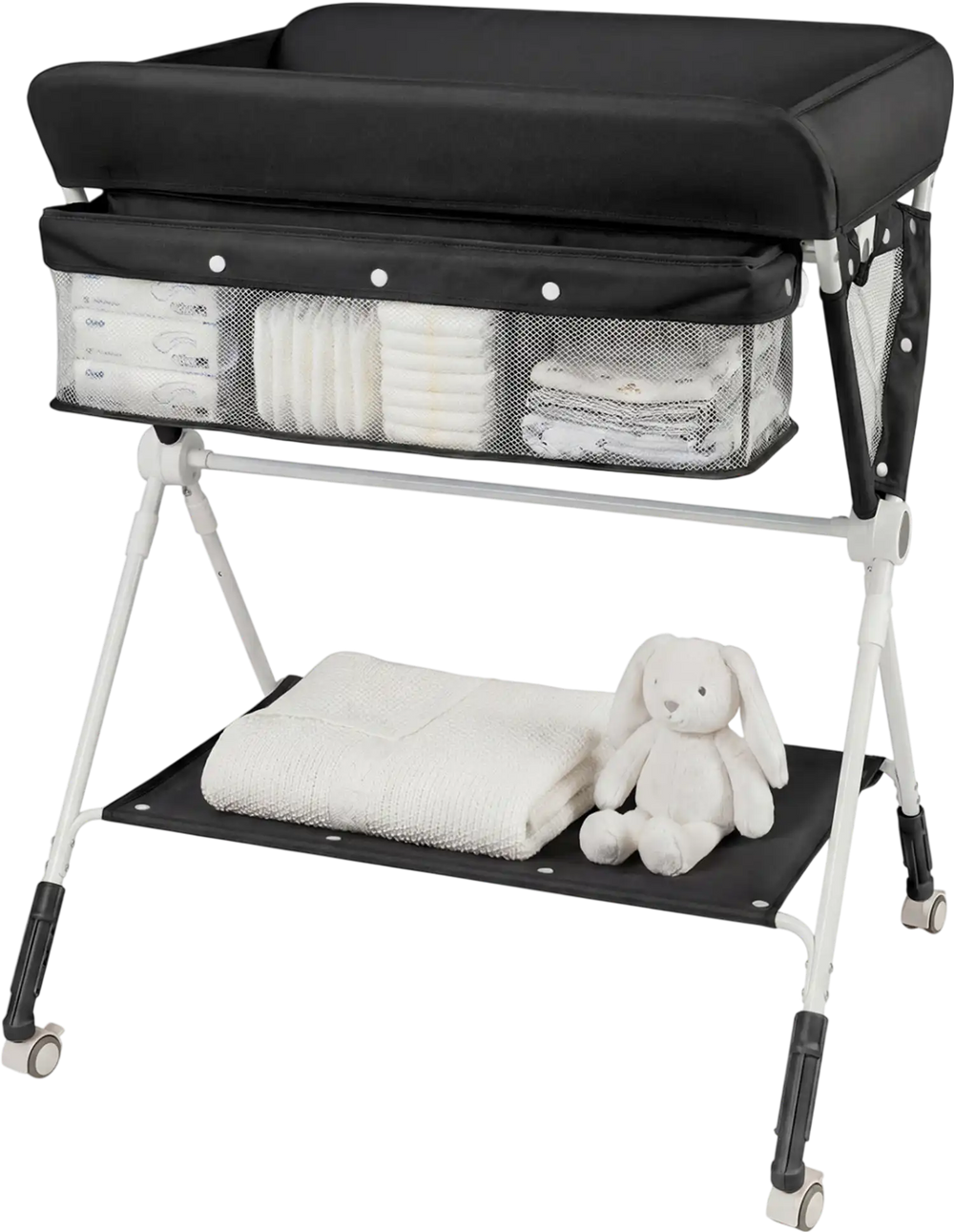 Portable baby changing table in black with adjustable height, storage basket, and stable design for convenient diaper.