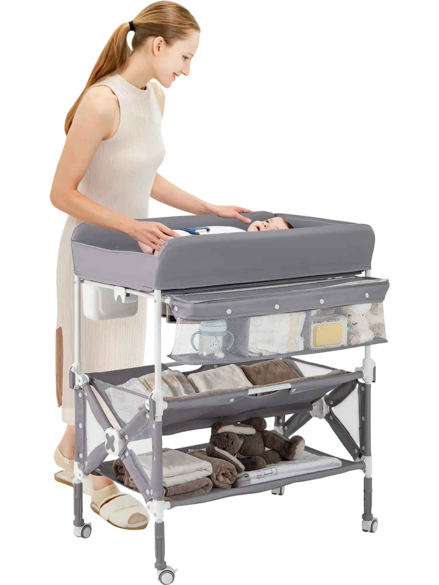Costway Portable Baby Changing Table w/ Wheels Large Storage Rack Gray 34962758 New