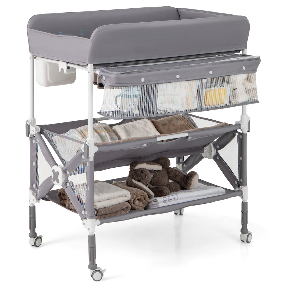 Gray portable baby changing table featuring a spacious bottom shelf and a mesh storage bag for organized baby.