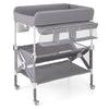 Portable baby changing table in gray with wheels, large storage rack, and adjustable height for convenience.