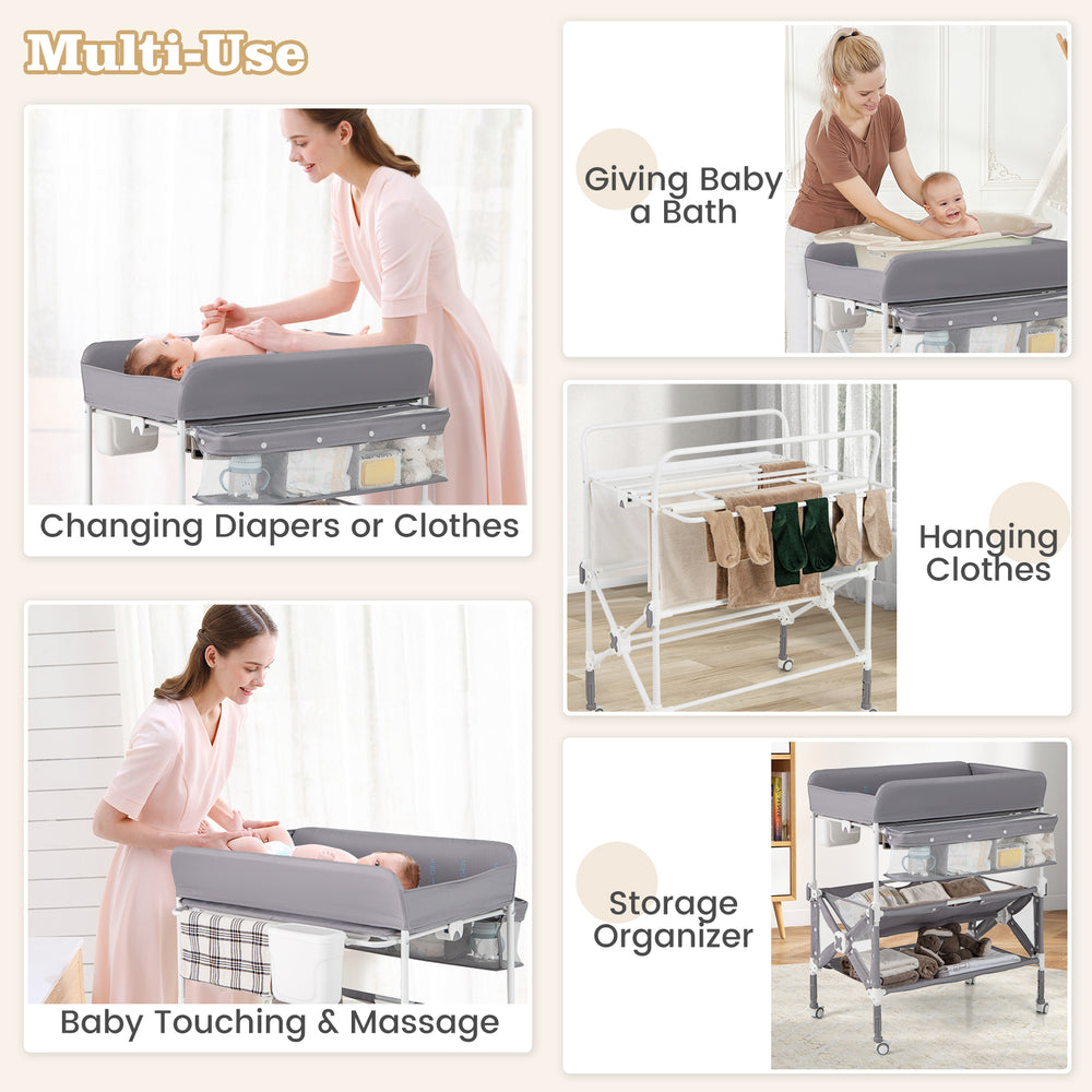 Gray portable baby changing table featuring a spacious tabletop for diaper changes and a large storage rack for.