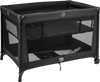 Portable baby playard in black, featuring breathable mesh, foldable mattress, and wheels for easy travel and setup.
