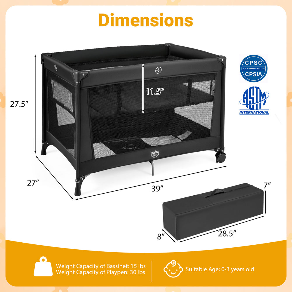 Portable baby playard in black with dimensions, featuring breathable mesh and foldable mattress for safe infant use.