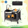 3-in-1 convertible portable baby playard in dark gray with adjustable sidebars, music box, and wheels for stability.