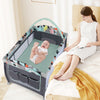Portable baby playard in blue with zippered door, toy bar, and soft mattress for safe sleeping and playtime.