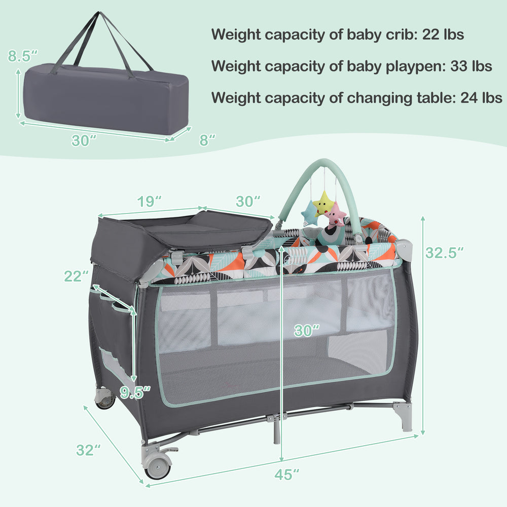 3-in-1 portable baby playard in blue with zippered door, changing table, and toy bar for versatile use and easy access.