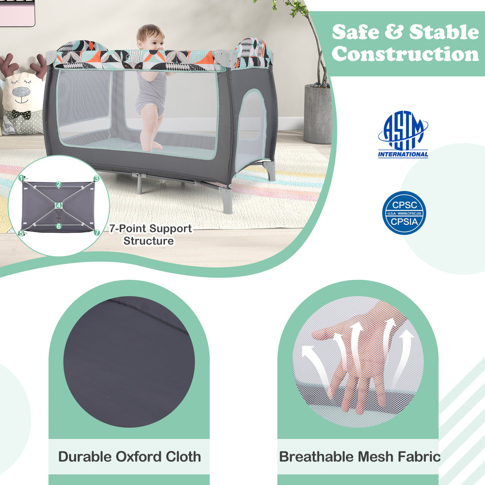 3-in-1 portable baby playard in blue with breathable mesh, zippered door, and durable oxford cloth for versatile use.
